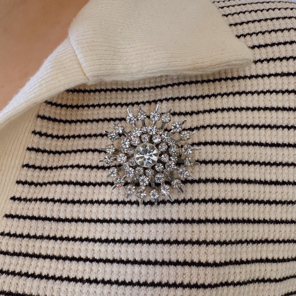 Mid - Century Silver Tone And Crystal Sunburst Pin Brooch - Clover Collective Antiques