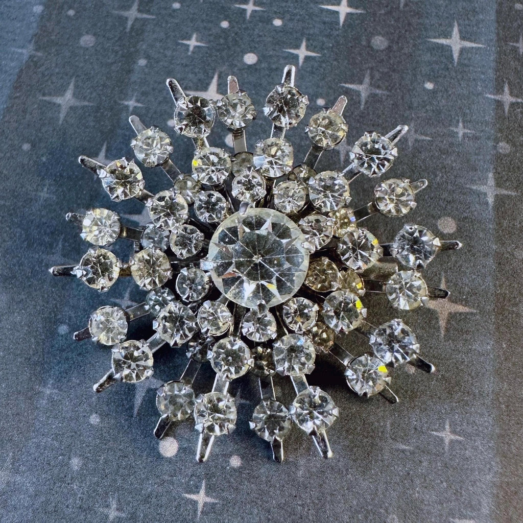 Mid - Century Silver Tone And Crystal Sunburst Pin Brooch - Clover Collective Antiques