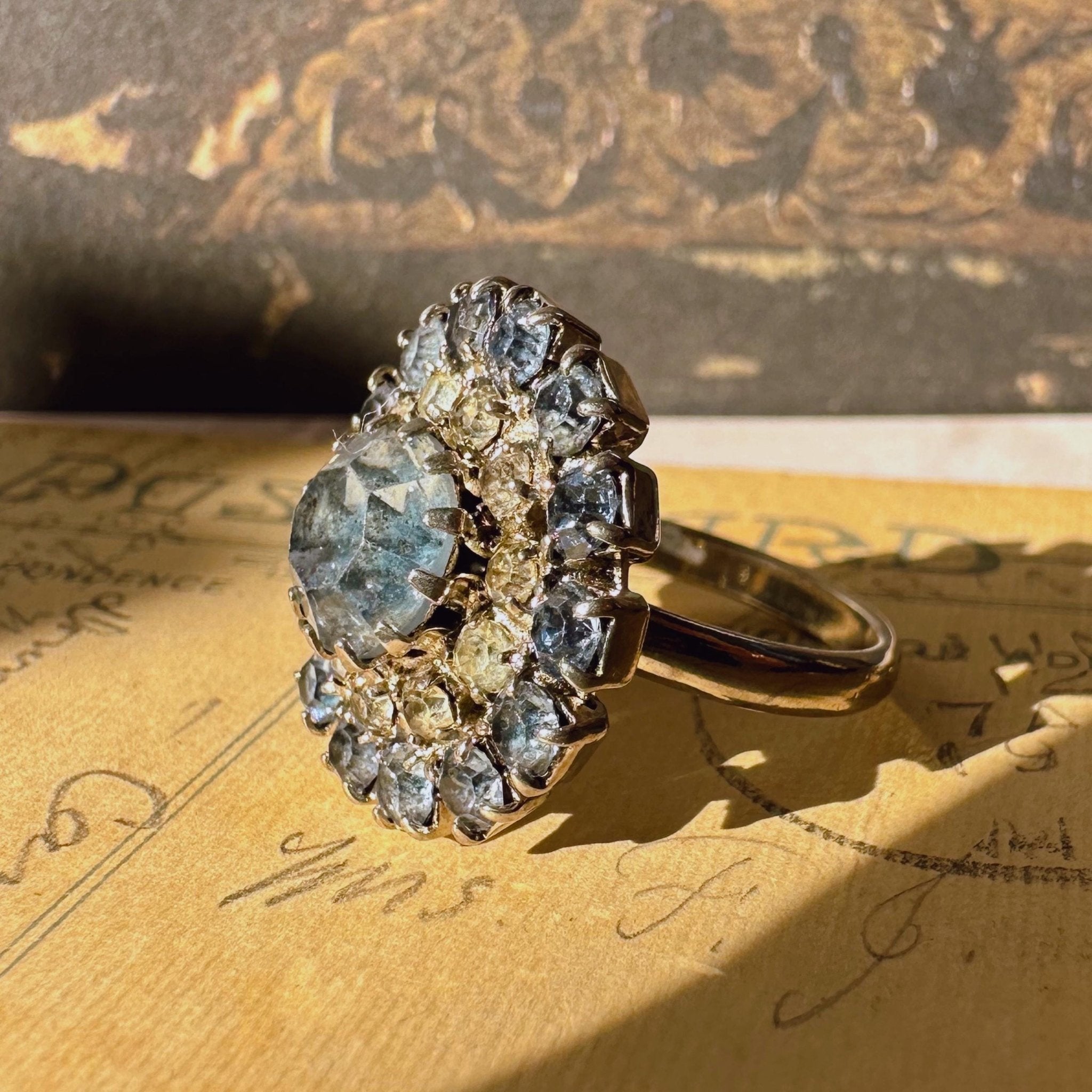 Mid - Century Silver - Tone and Light Blue Crystal Adjustable Ring - Clover Collective Antiques