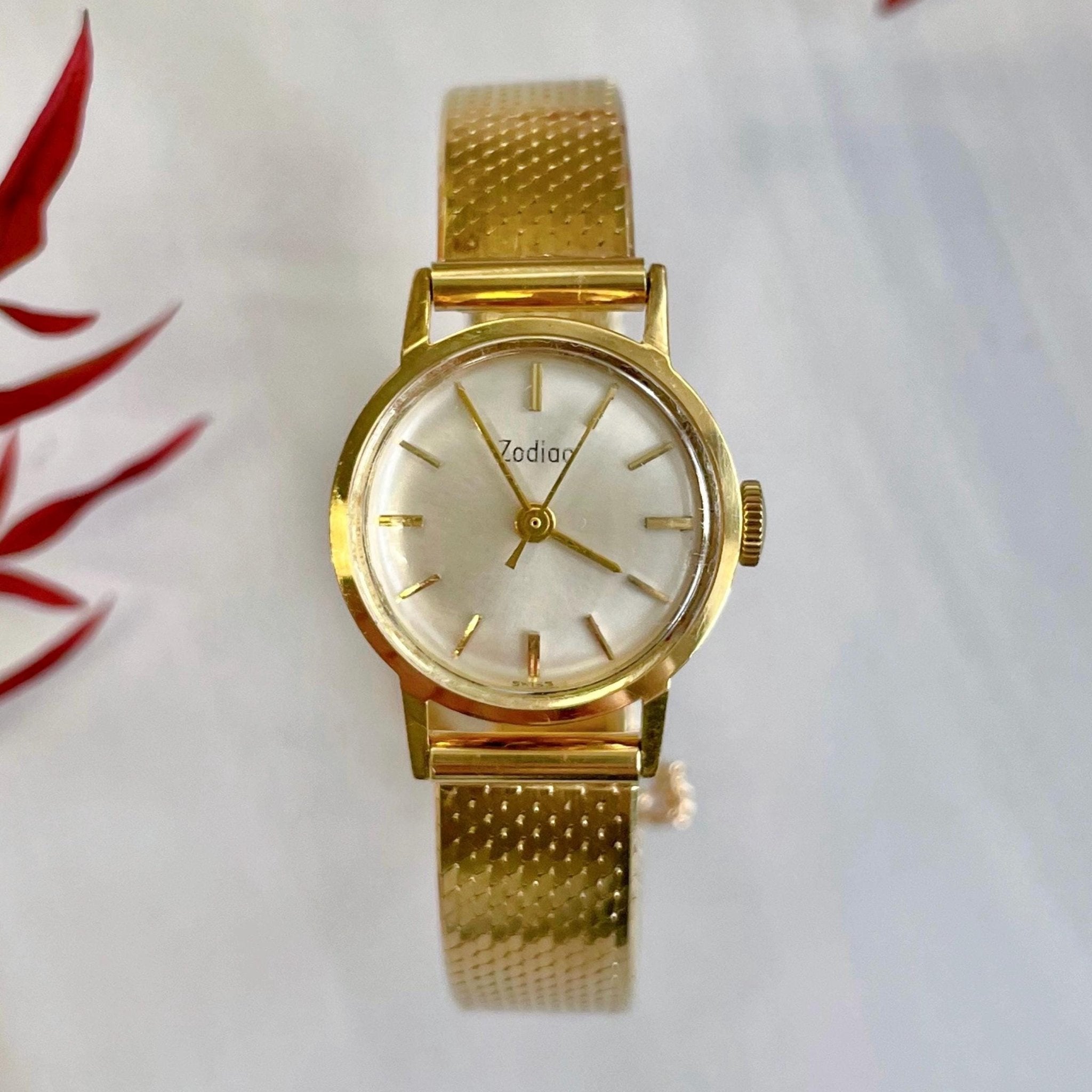 Mid - Century Zodiac 14k and 18k Solid Yellow Gold Manual Movement Wristwatch - Clover Collective Antiques