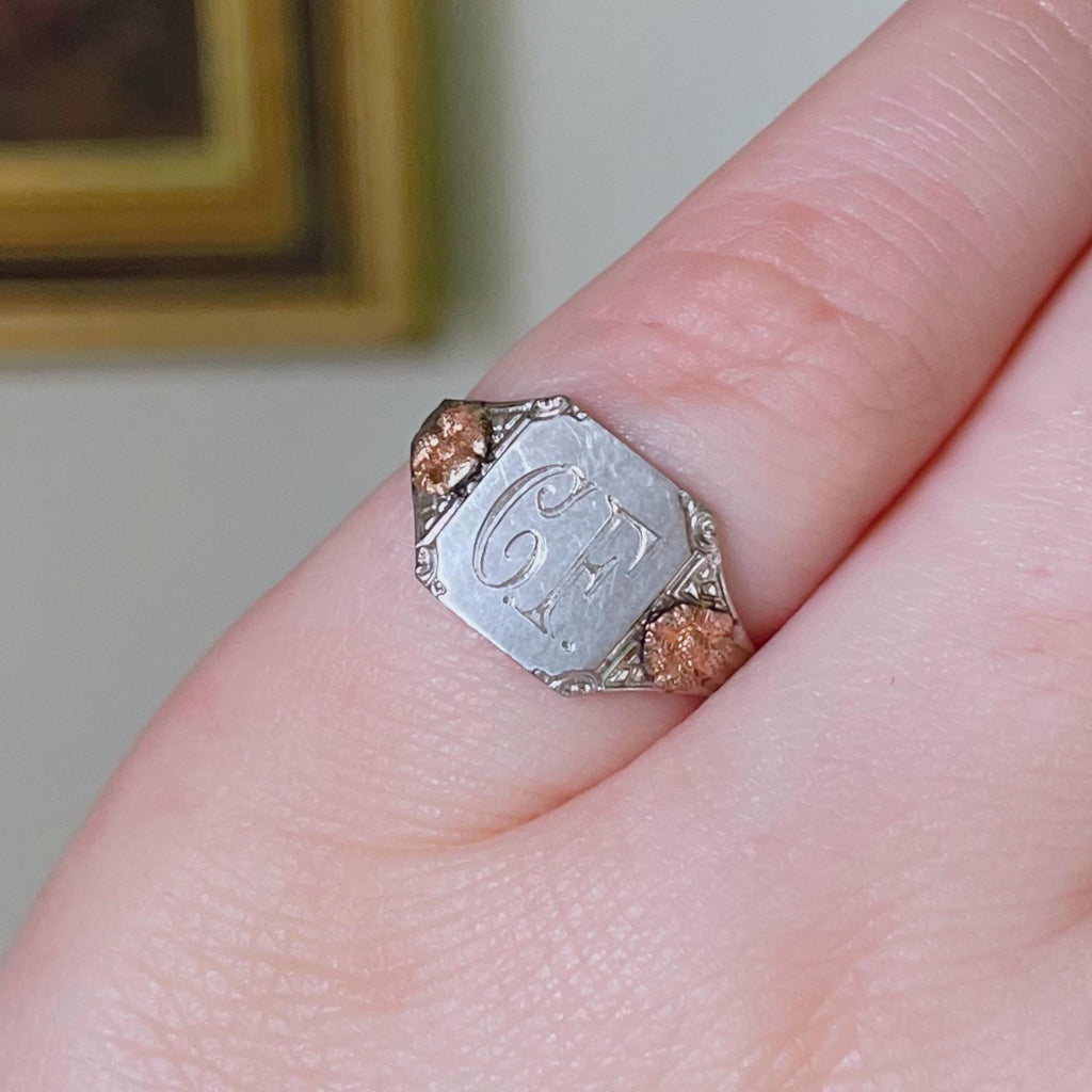 Ostby & Barton Co. Art Deco 10k Two Tone Monogram Initial Signet Ring - Clover Collective Antiques