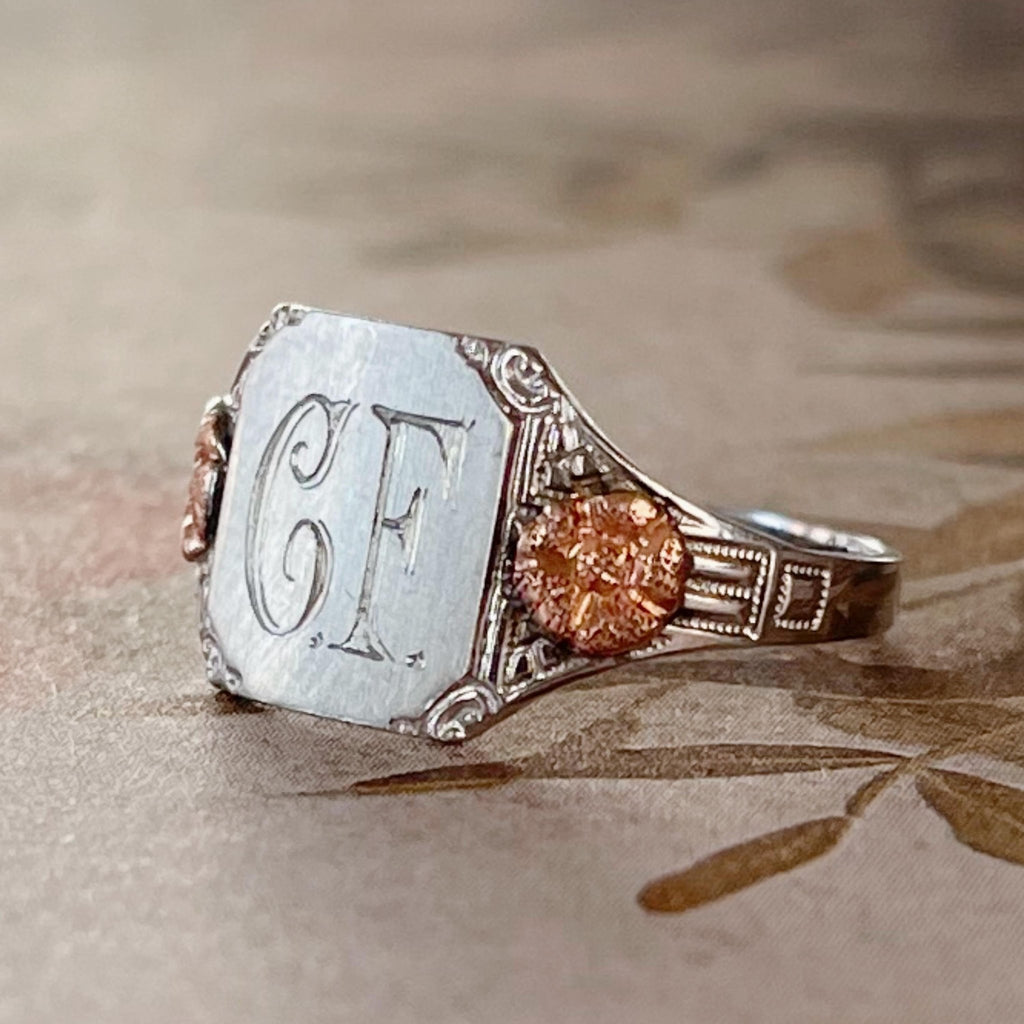 Ostby & Barton Co. Art Deco 10k Two Tone Monogram Initial Signet Ring - Clover Collective Antiques