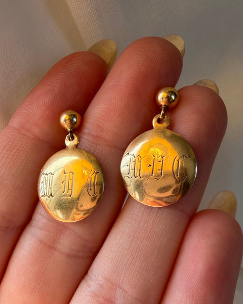 Pair of Edwardian 14k Yellow Gold Engraved Disk Drop Screw Back Earrings - Clover Collective Antiques