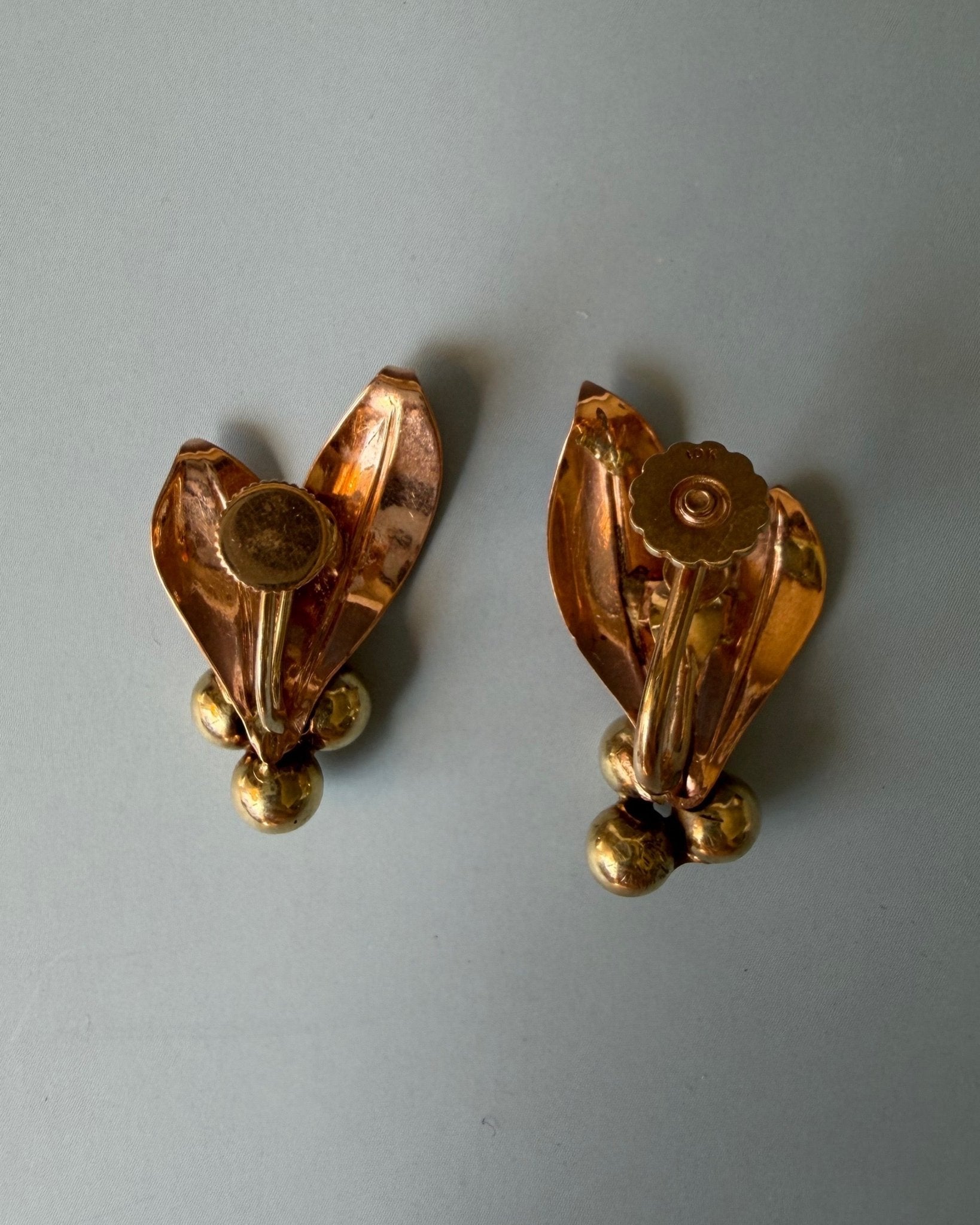 Pair of Retro Forstner 10k Two-Tone Gold Flora Berry Screw Back Earrings - Clover Collective Antiques