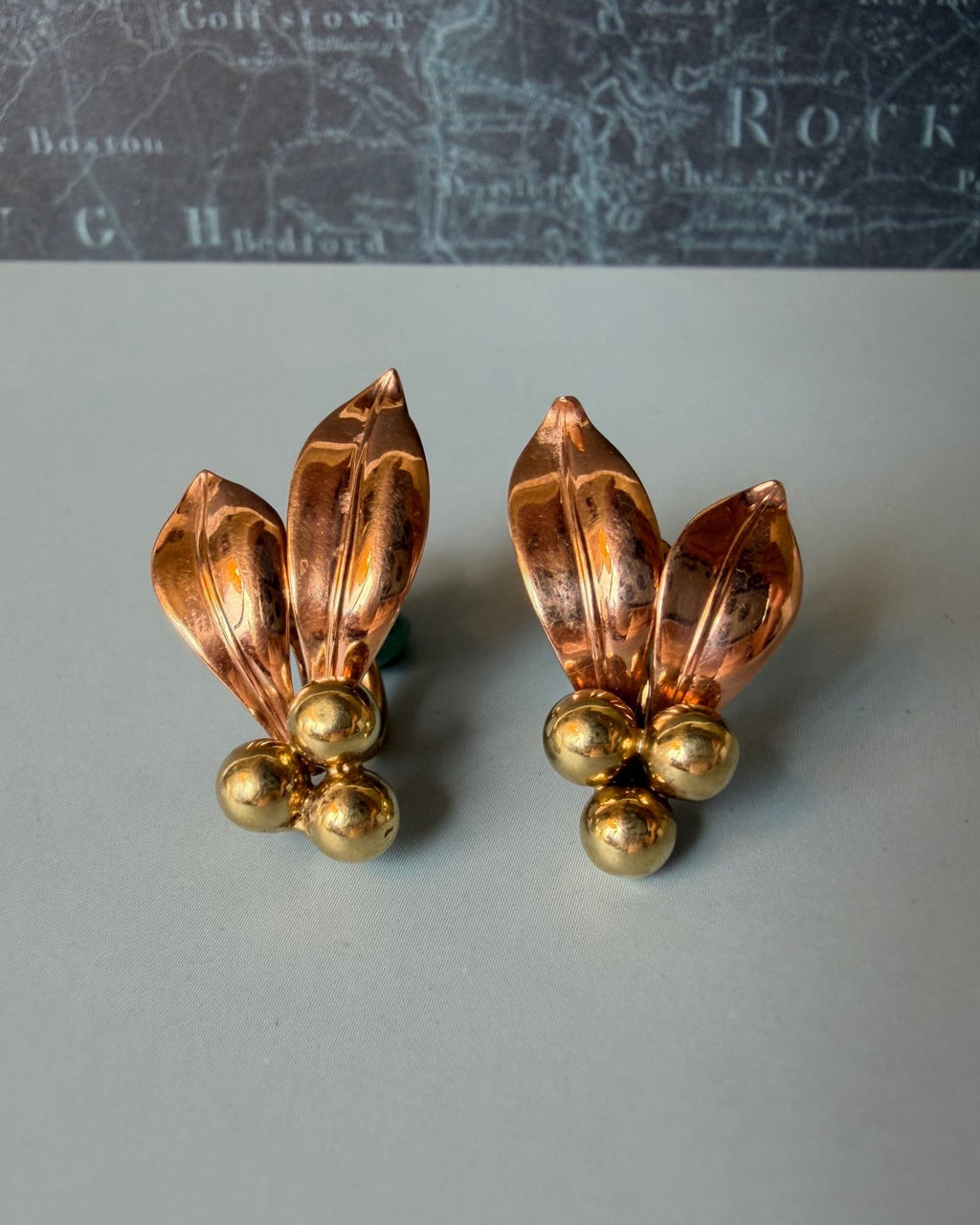 Pair of Retro Forstner 10k Two-Tone Gold Flora Berry Screw Back Earrings - Clover Collective Antiques