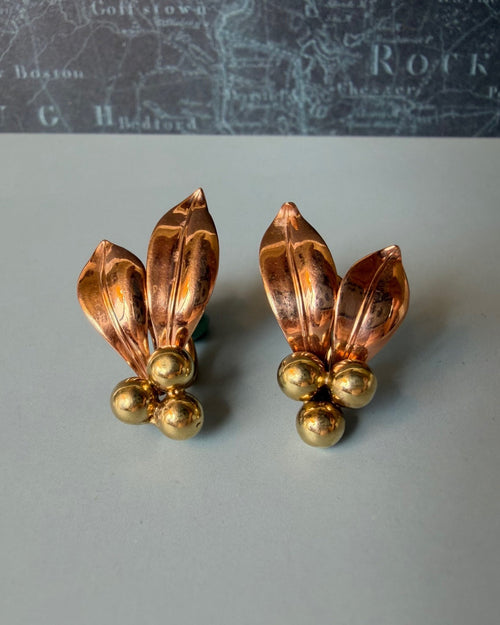 Pair of Retro Forstner 10k Two-Tone Gold Flora Berry Screw Back Earrings - Clover Collective Antiques