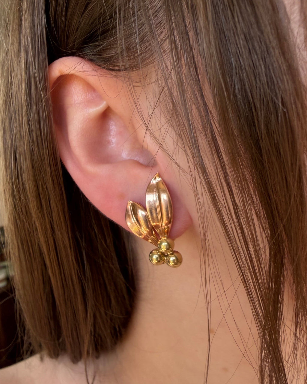 Pair of Retro Forstner 10k Two-Tone Gold Flora Berry Screw Back Earrings - Clover Collective Antiques