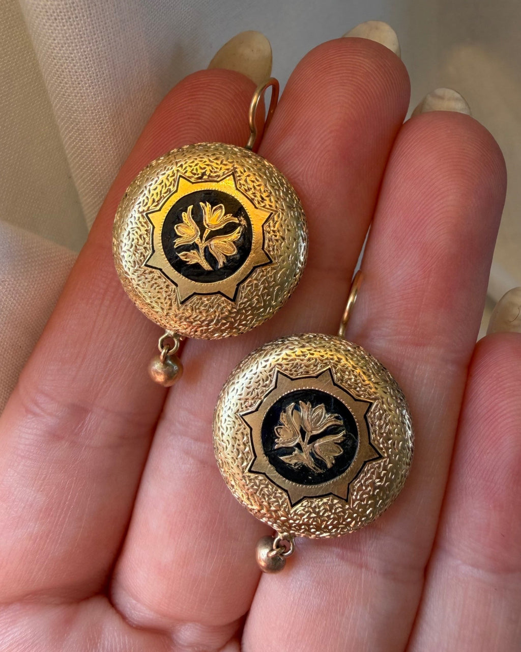 Pair of Victorian 14k Yellow Gold and Black Enamel Drop Earrings - Clover Collective Antiques