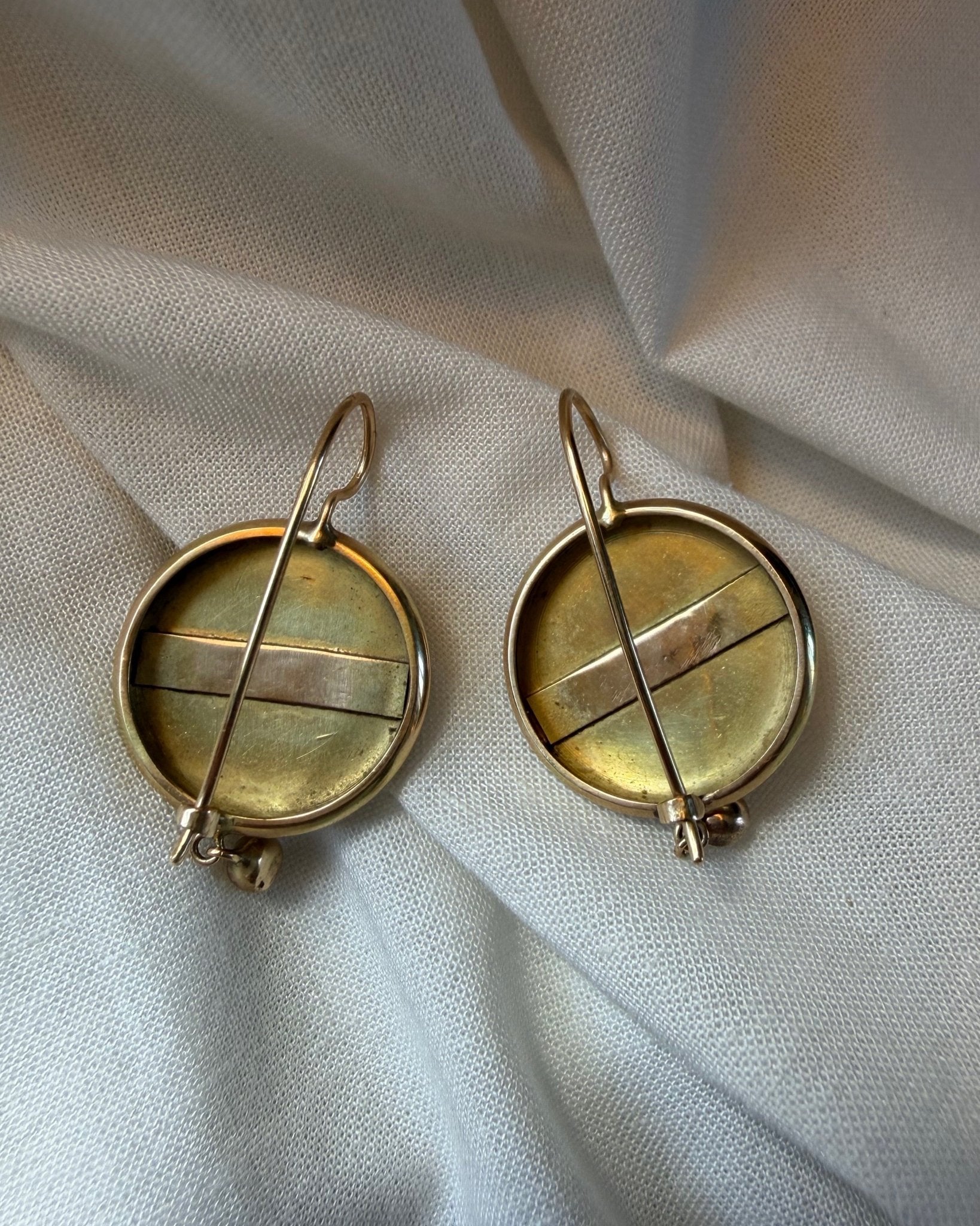 Pair of Victorian 14k Yellow Gold and Black Enamel Drop Earrings - Clover Collective Antiques