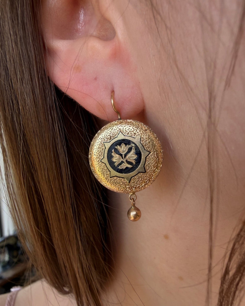 Pair of Victorian 14k Yellow Gold and Black Enamel Drop Earrings - Clover Collective Antiques