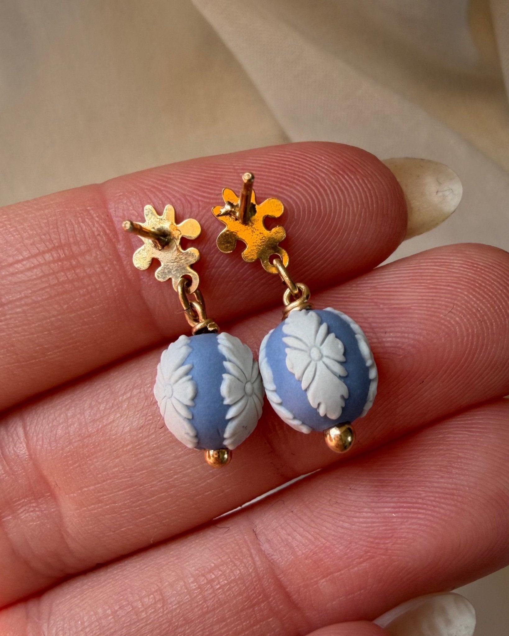 Pair of Vintage 14k Yellow Gold and Wedgewood Jasperware Bead Drop Earrings - Clover Collective Antiques
