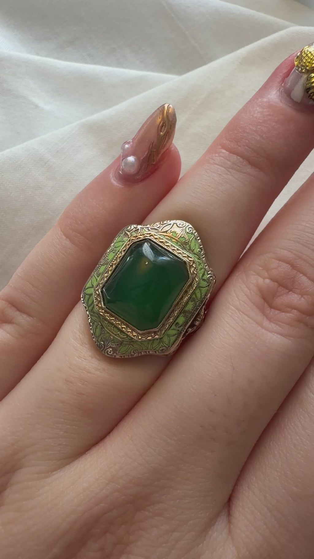 Art Deco 14k White Gold, Green Chrysoprase, and Enamel Bezel Ring