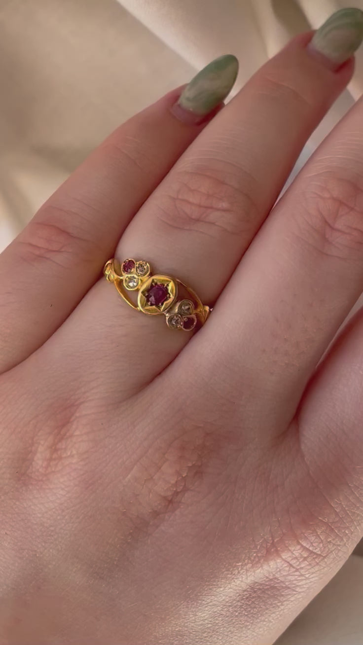 Edwardian 18k Yellow Gold, Ruby, and Diamond Trefoil Ring