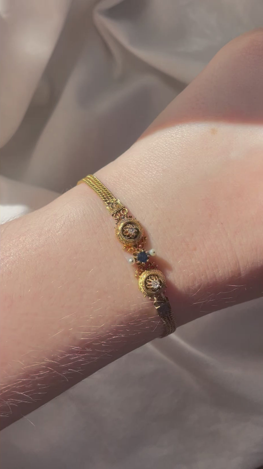 Edwardian 18k, 14k Yellow Gold, Diamond, Sapphire, and Pearl Bracelet