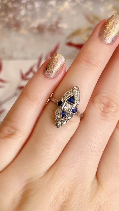 Art Deco Platinum, Diamond, and Sapphire Navette Ring