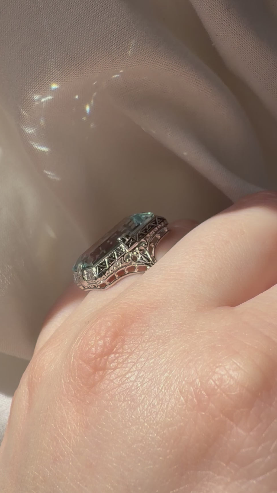 Art Deco 11.00 Carat Aquamarine and 14k White Gold Filigree Ring