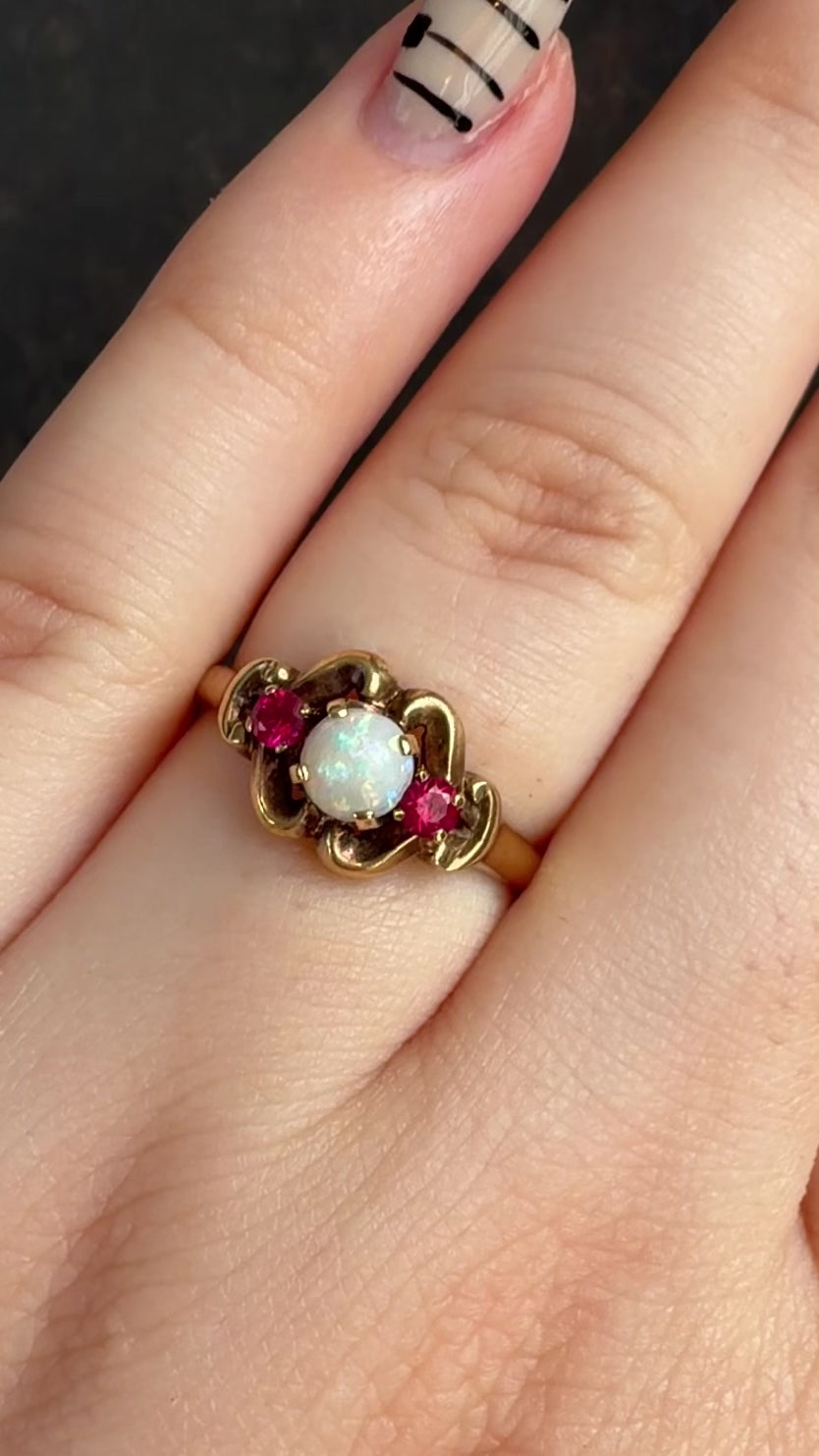 Retro Esemco 10k Yellow Gold, Opal, and Synthetic Ruby Three Stone Ring