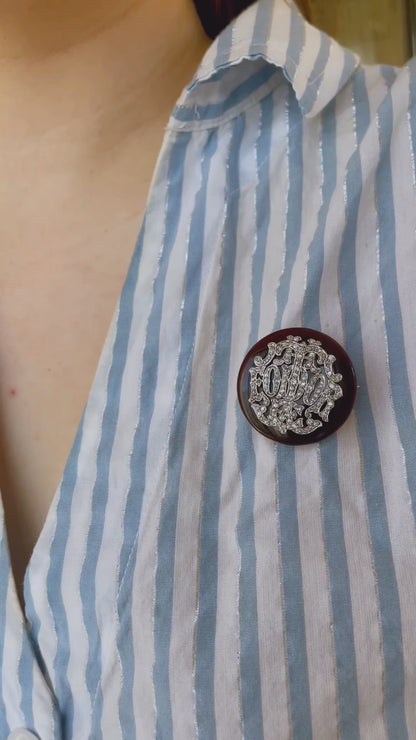 Edwardian 14k Yellow Gold, Platinum, Diamond, and Agate Mourning Brooch