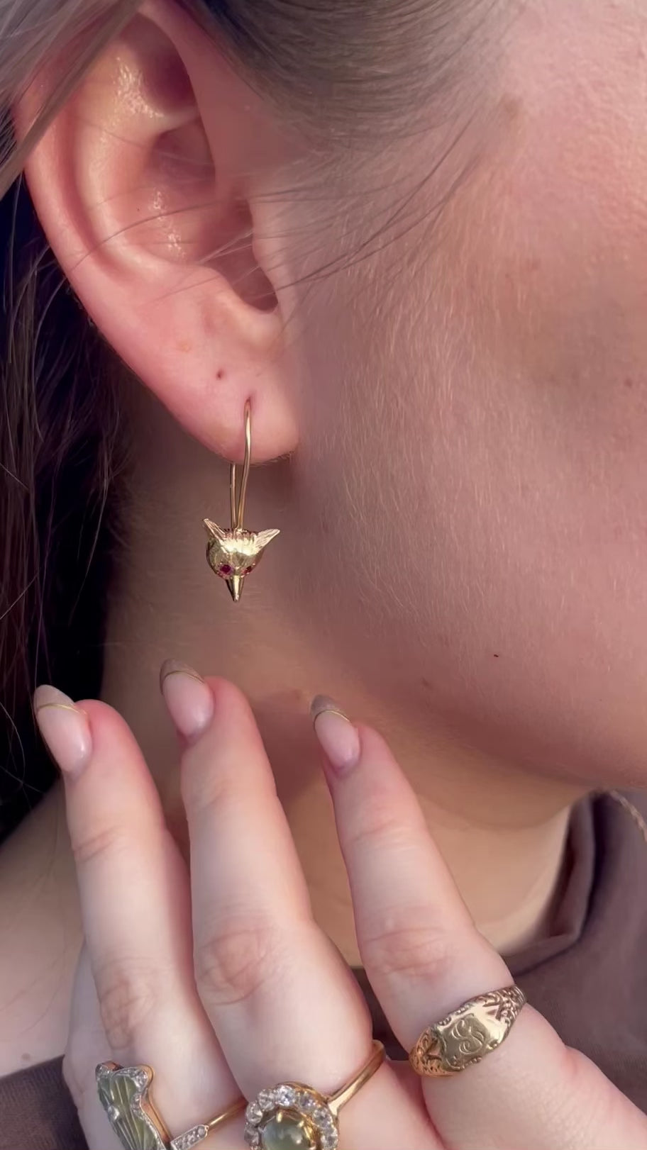 Victorian 14k, 10k Gold, and Ruby Fox Earrings