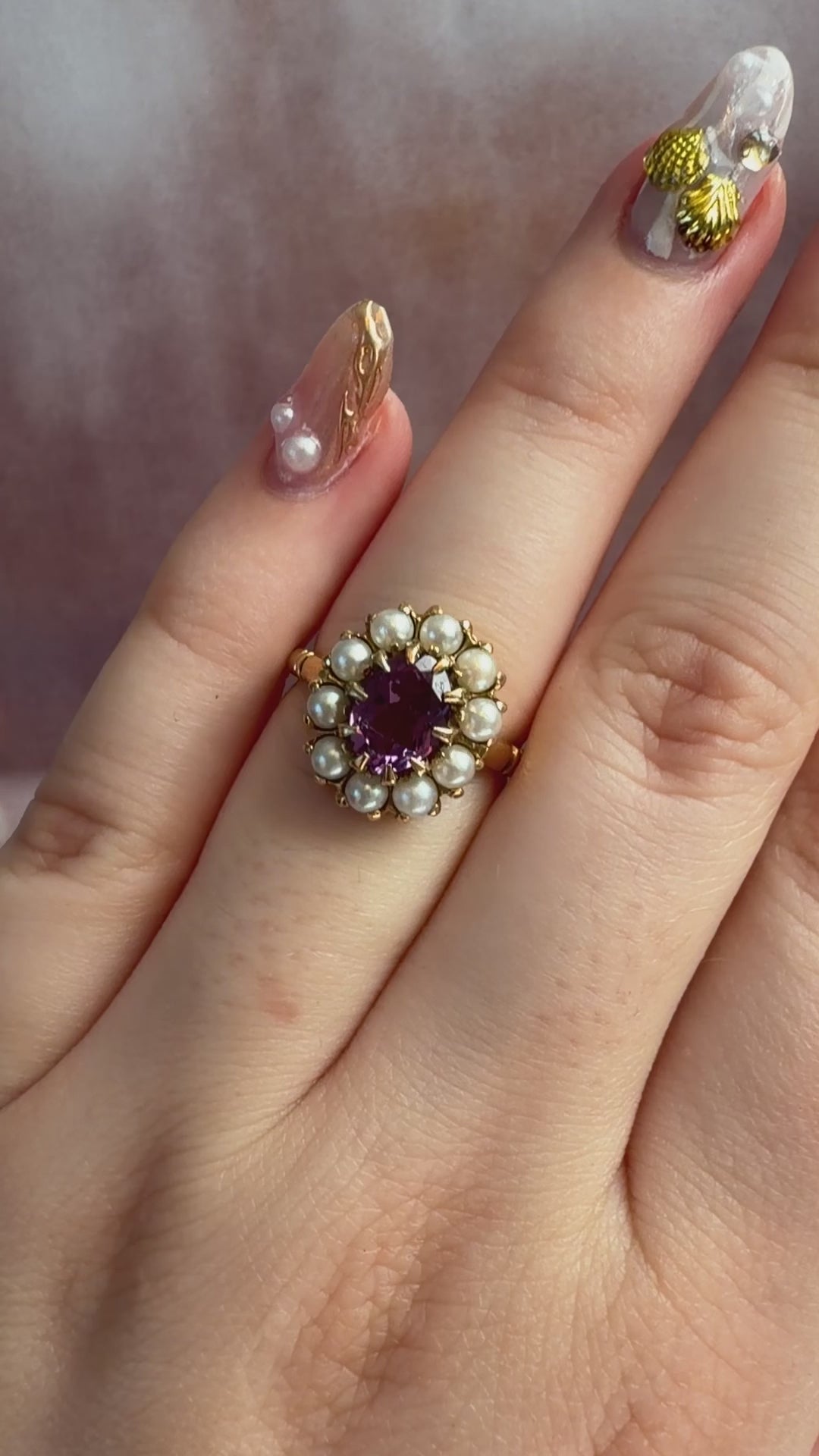 Mid-Century Birks 10k Yellow Gold Synthetic Color Change Sapphire and Pearl Cluster Ring