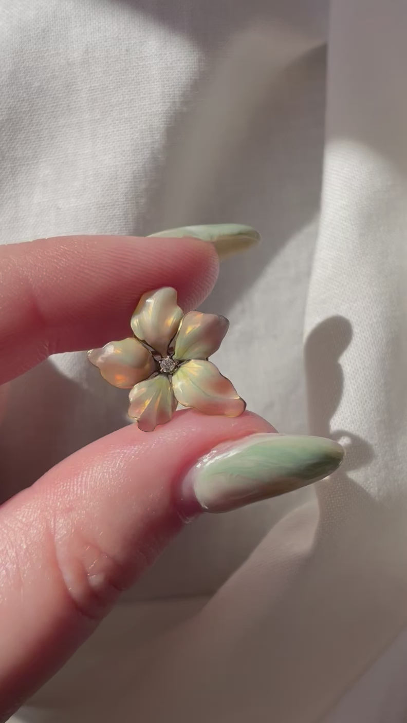 Art Nouveau 14k Yellow Gold, Diamond, and Enamel Flower Pin