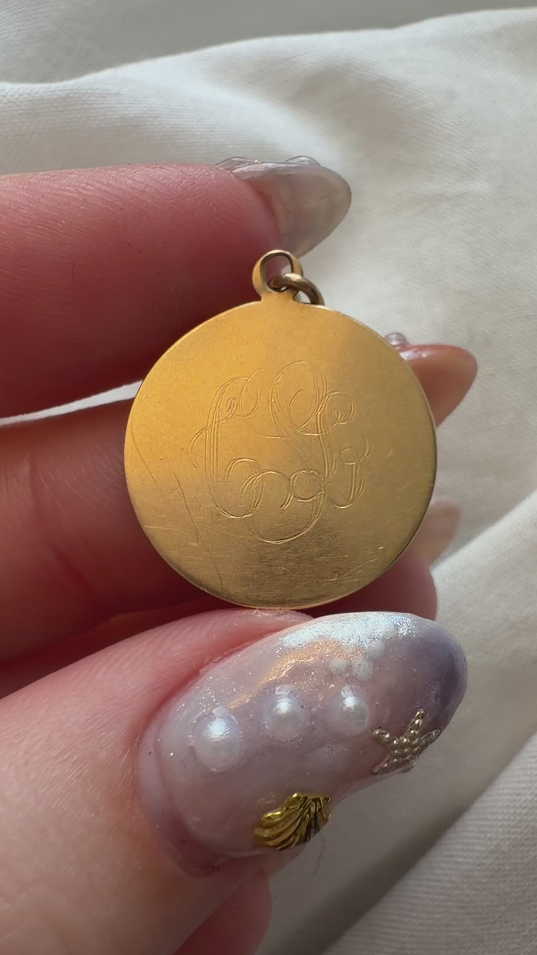 Mid-Century 14k Yellow Gold Circle Medallion Engraved Charm