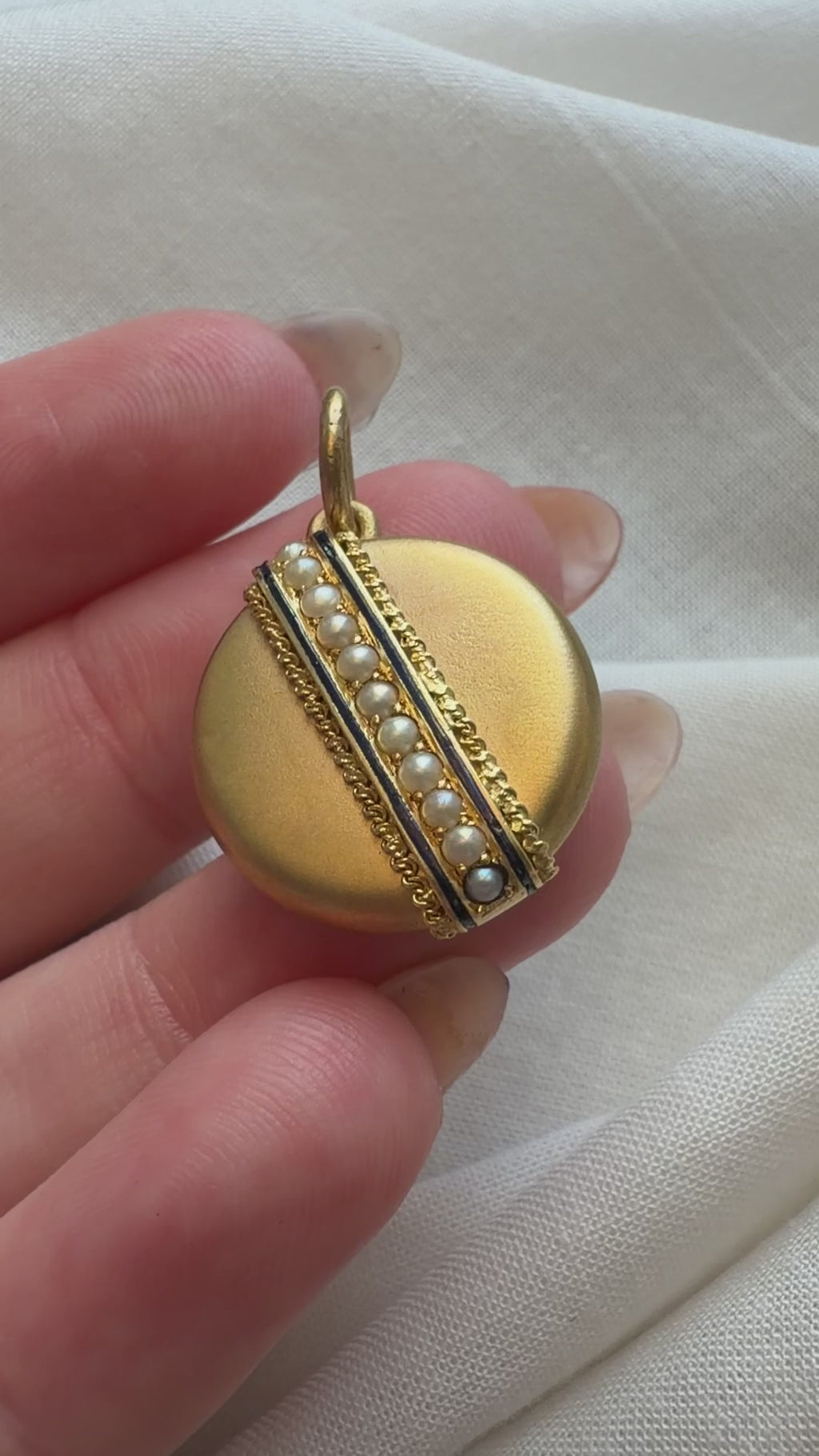 Victorian 14k Yellow Bloomed Gold, Pearl, and Enamel Locket Pendant