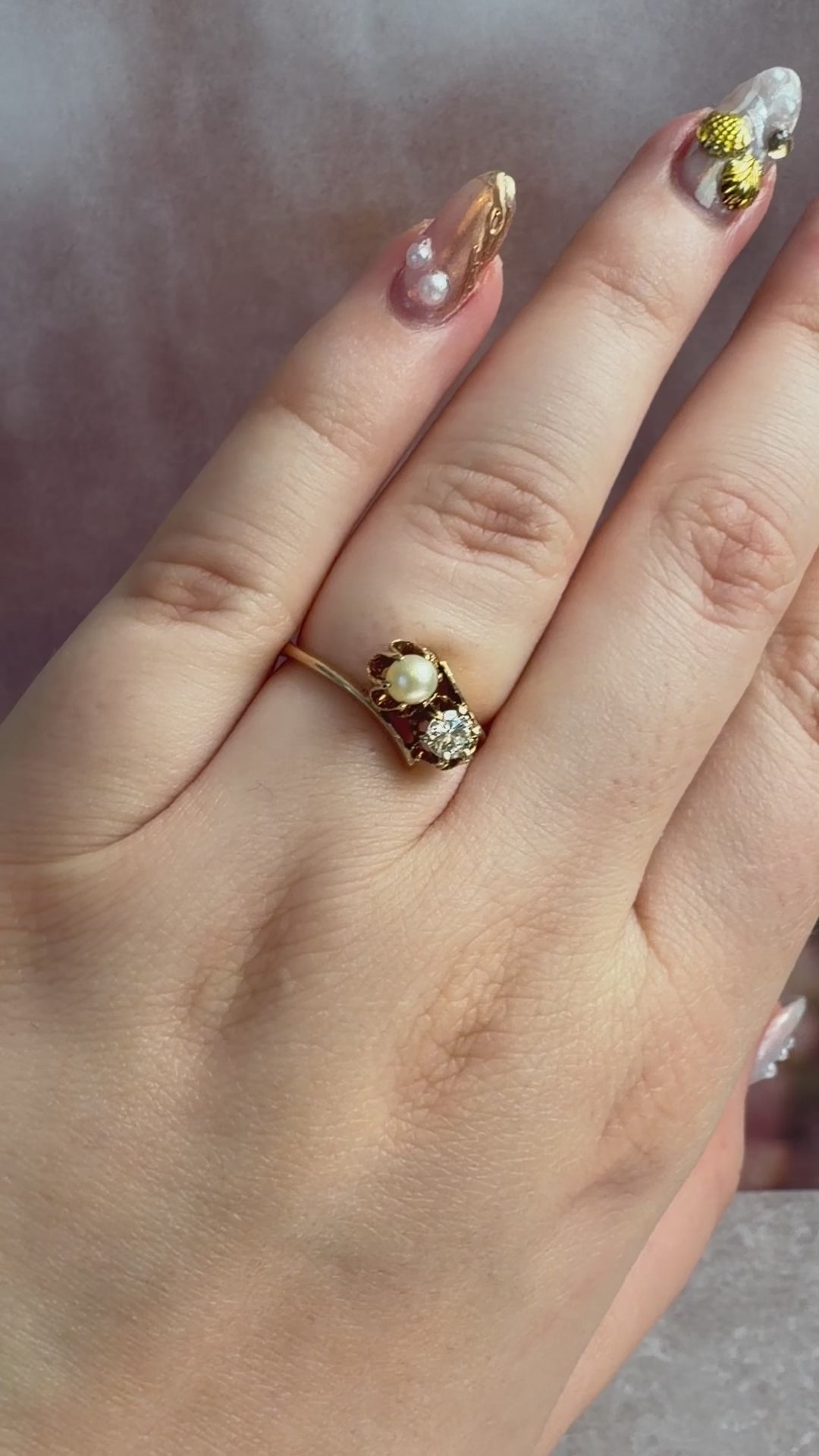 Retro 12k Yellow Gold Diamond and Pearl Toi et Moi Bypass Buttercup Ring
