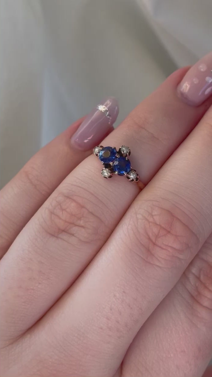 Victorian 10k Rose Gold, Synthetic Sapphire, and Pearl Ring