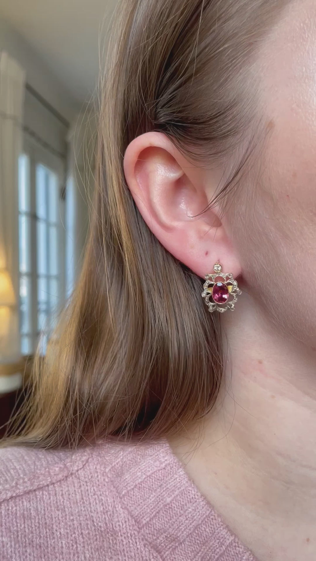 Edwardian Platinum 18k Yellow Gold Pink Tourmaline Drop Earrings