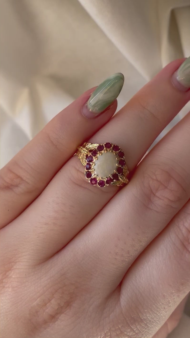 Vintage Caspian International 14k Yellow Gold, Opal, and Ruby Cluster Ring