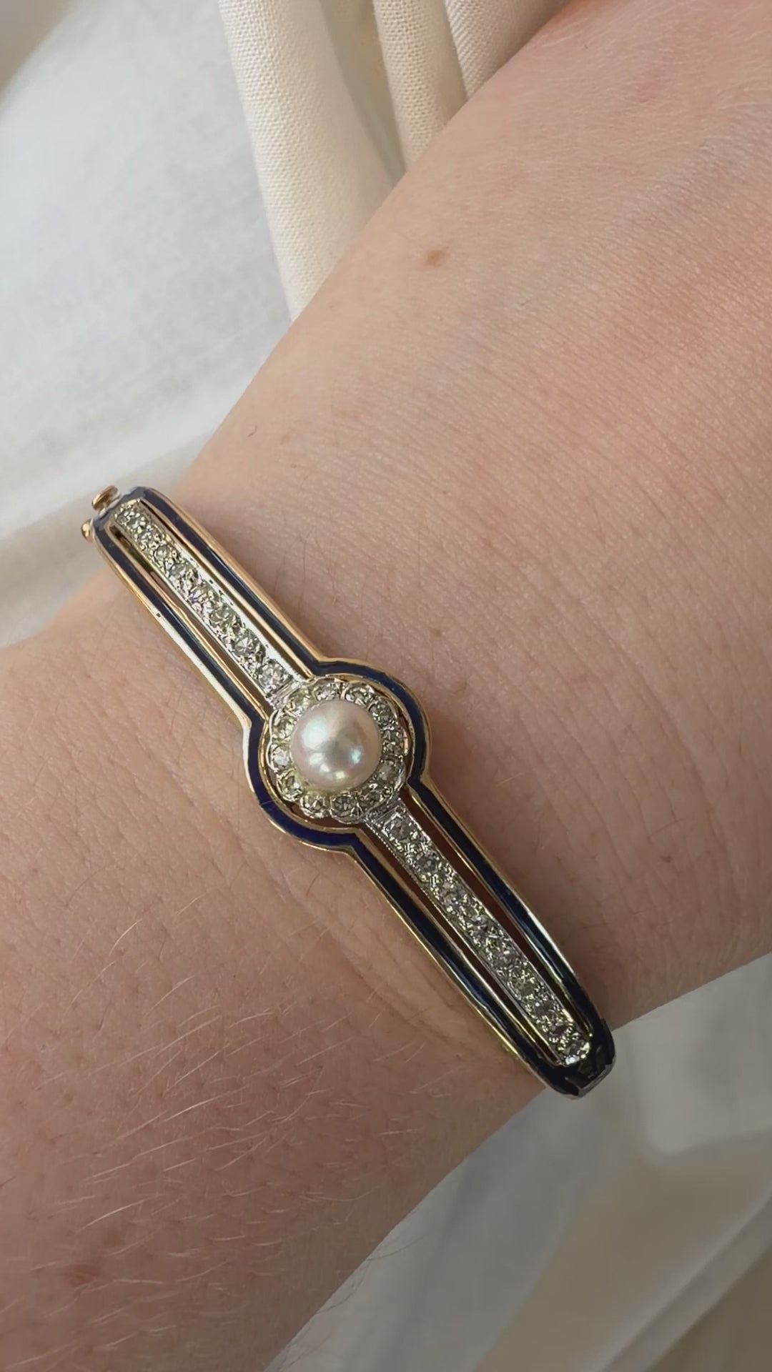 Victorian Revival 14k Yellow Gold, Pearl, Diamond, and Enamel Bangle Bracelet