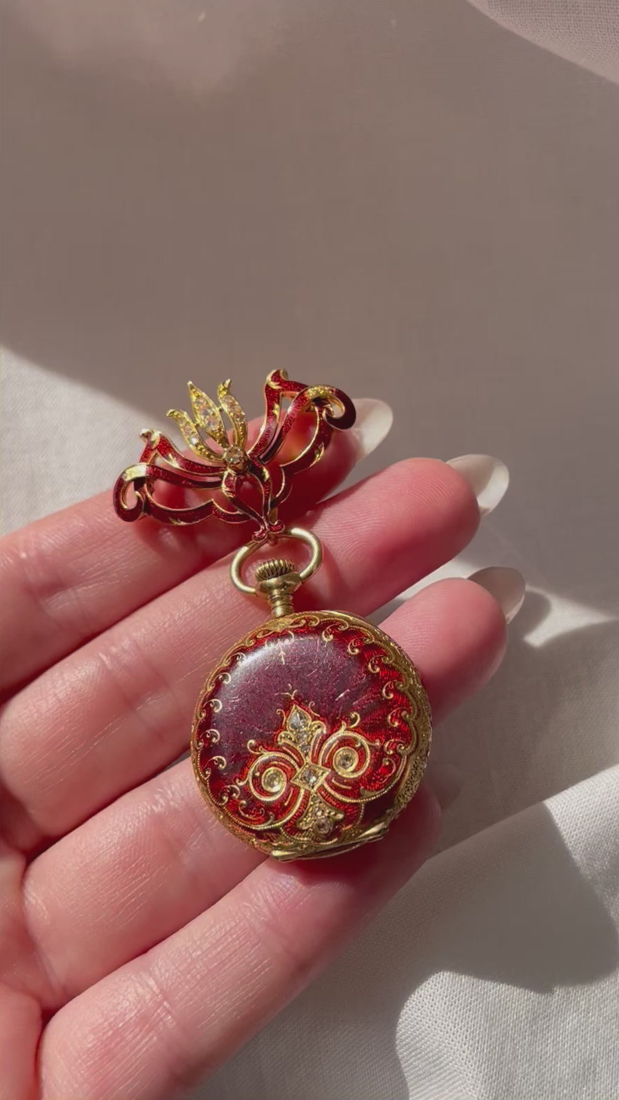 Victorian H. Nathan & Co. Swiss 18k Gold, Diamond, and Guilloche Enamel Pendant Watch