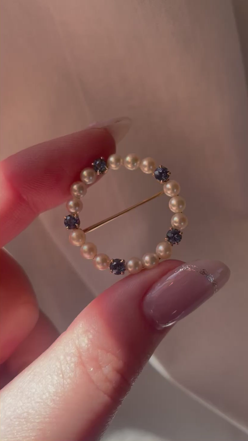Vintage 14k Yellow Gold, Sapphire, and Pearl Wreath Circle Brooch