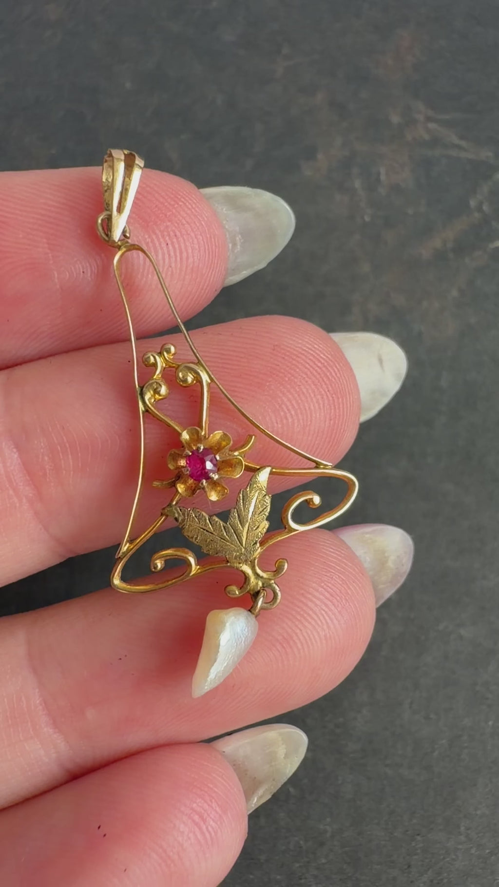 Edwardian 10k Yellow Gold, Ruby, and Pearl Lavalier Pendant