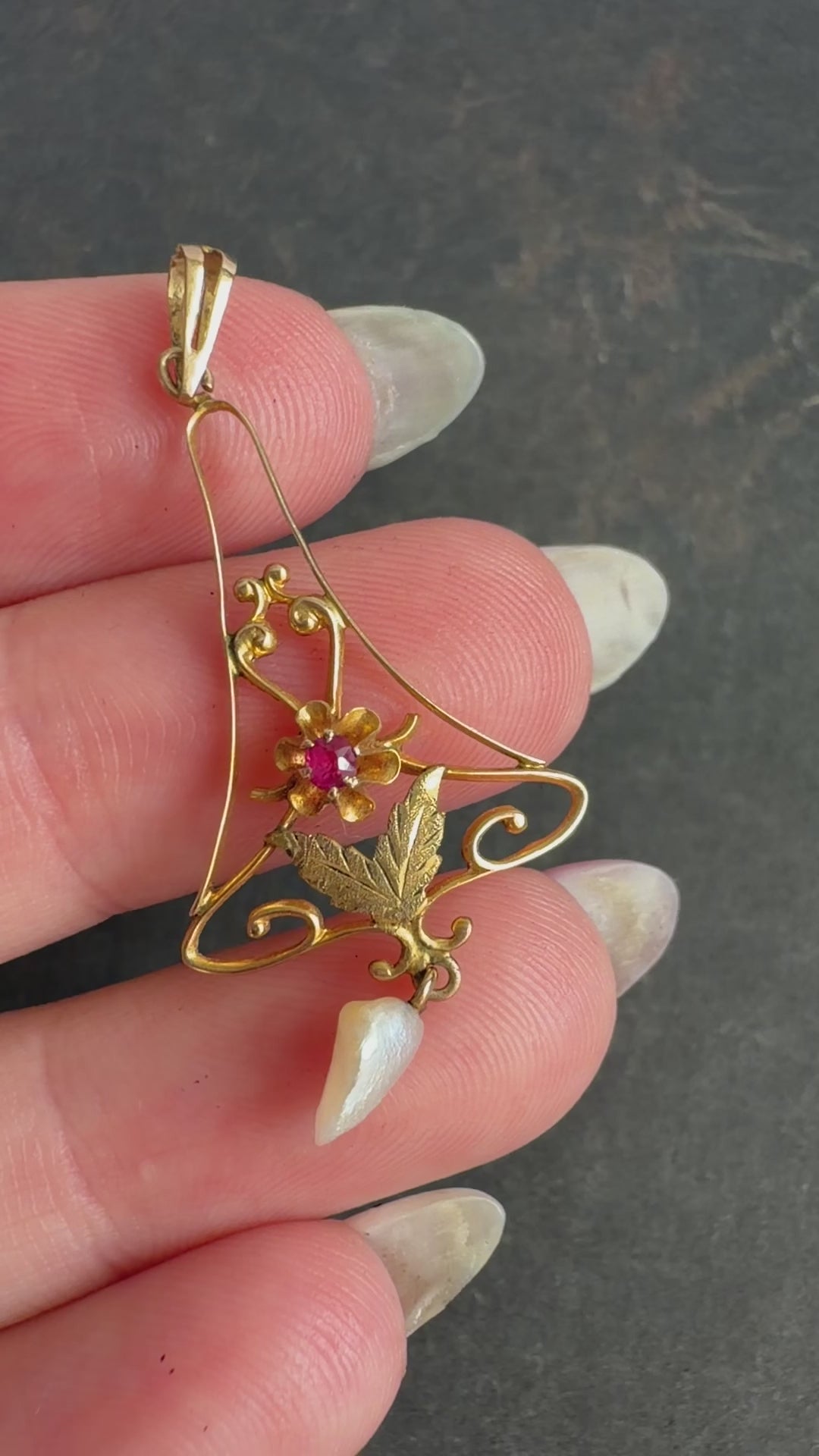 Edwardian 10k Yellow Gold, Ruby, and Pearl Lavalier Pendant