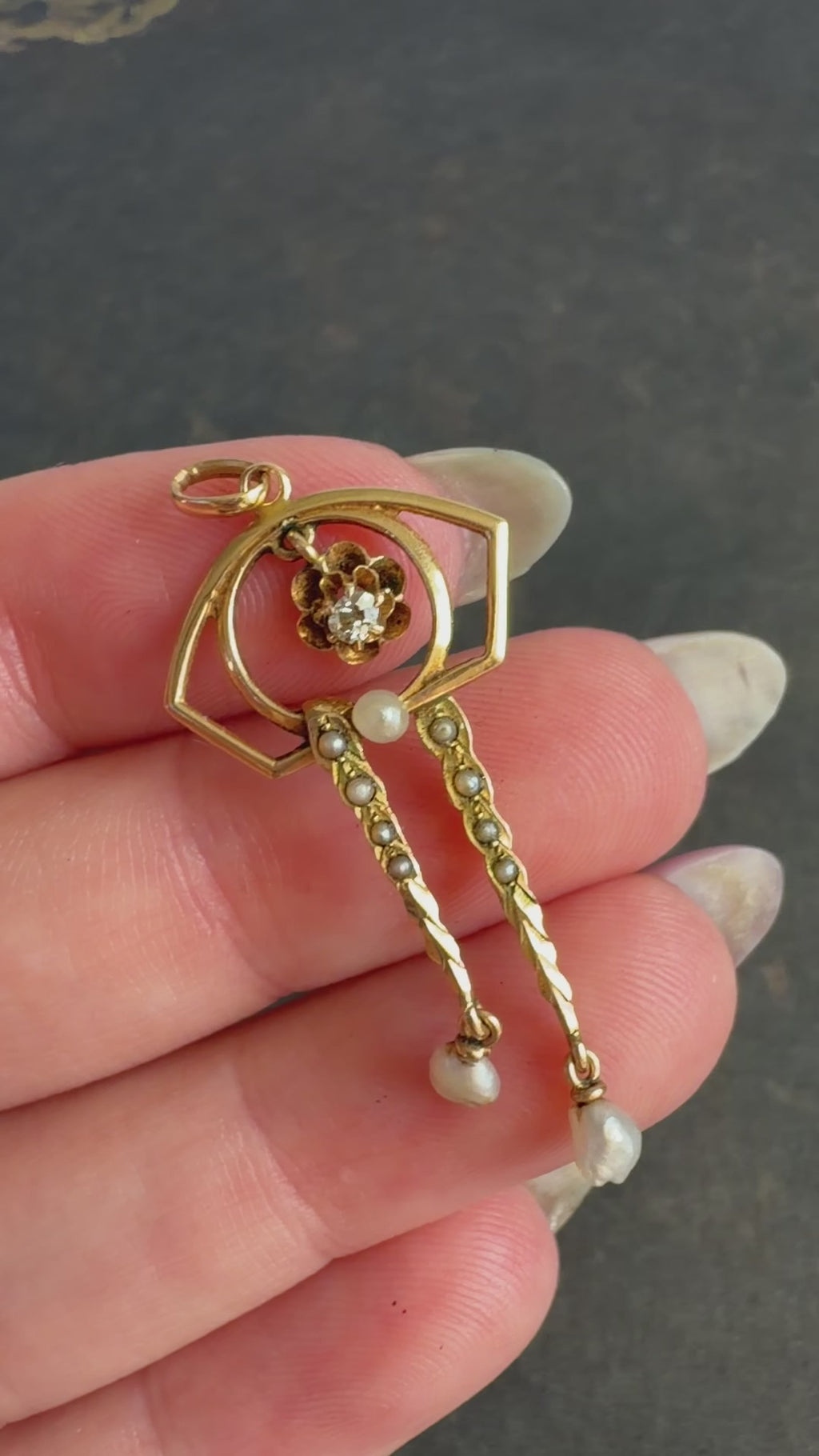 Edwardian 10k Yellow Gold, Diamond, and Pearl Lavalier Pendant