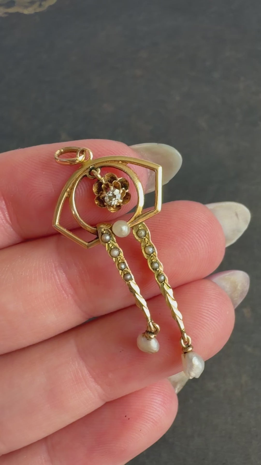 Edwardian 10k Yellow Gold, Diamond, and Pearl Lavalier Pendant