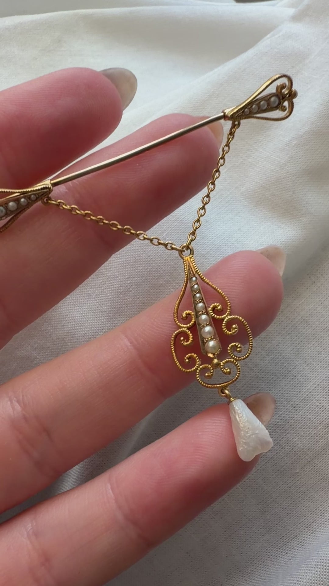 Vintage 14k Bloomed Yellow Gold and Seed Pearl Dangle Brooch