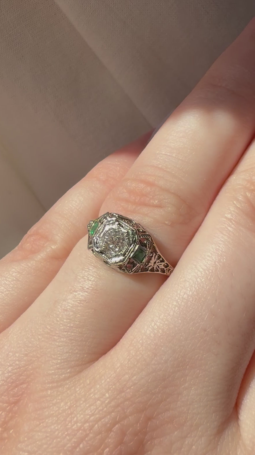 Art Deco 18k White Gold, Old Mine Diamond, and Emerald Filigree Ring