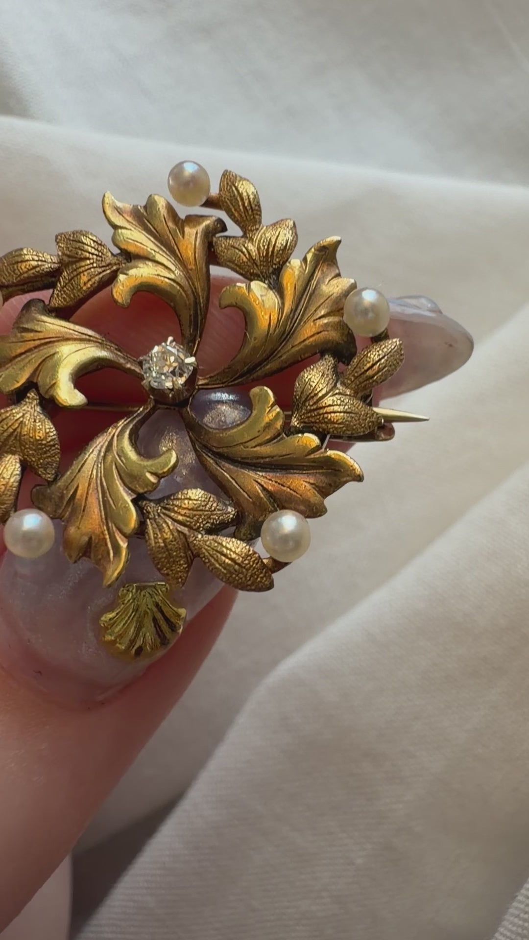Art Nouveau 14k Yellow Gold, Diamond, and Pearl Floral Leaf Brooch