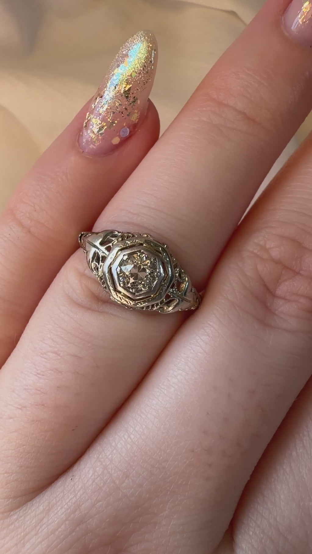 Art Deco 14k White Gold and Old European Cut Diamond Filigree Ring