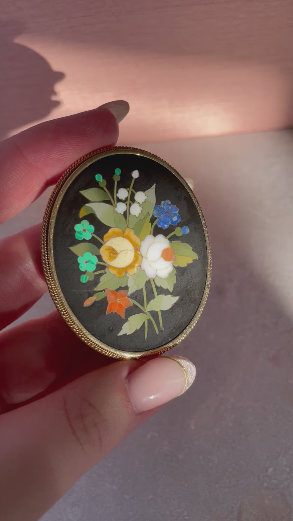 Victorian 18k Yellow Gold Pietra Dura Floral Pendant Brooch