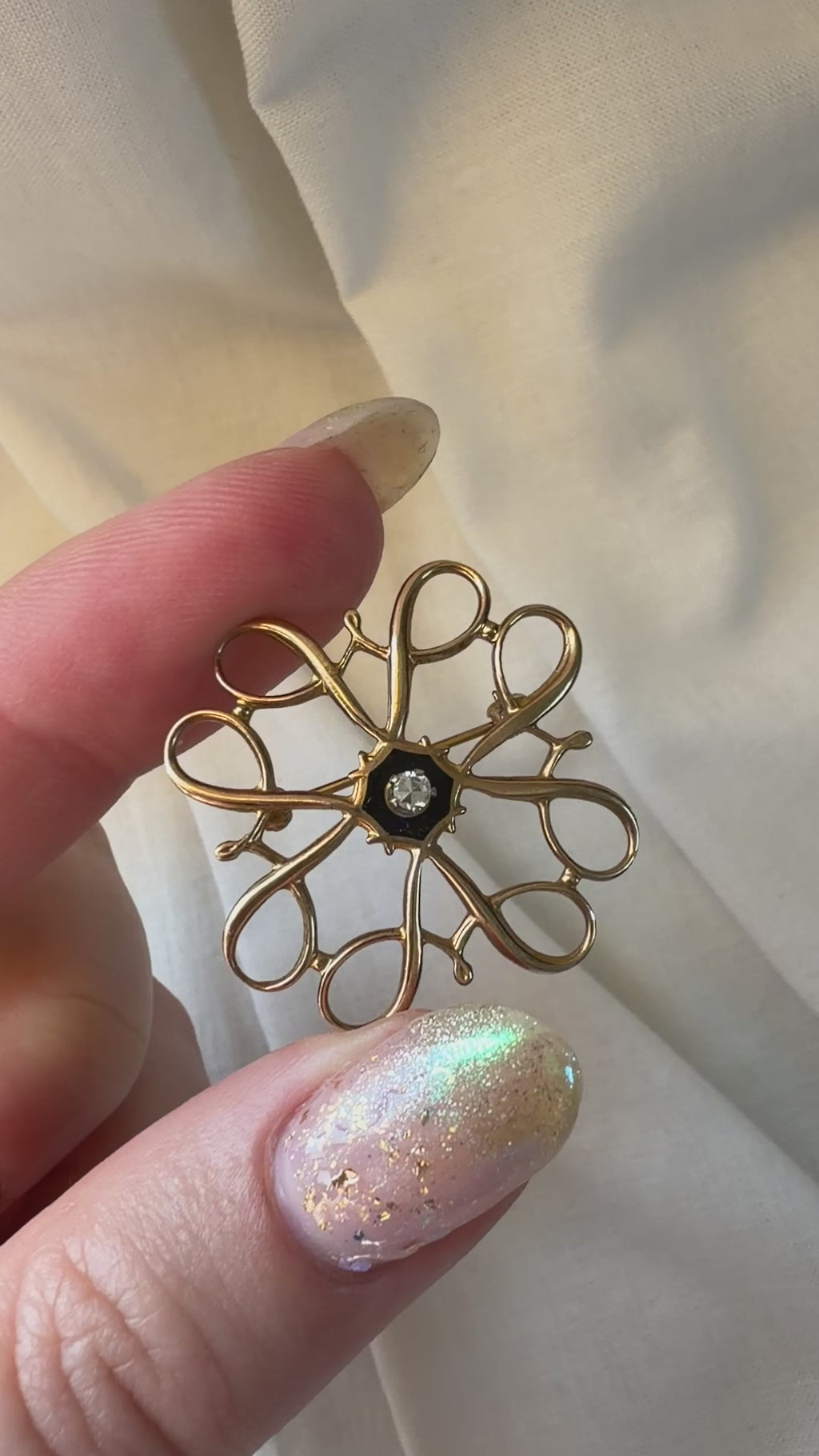Vintage Robbins Company Avon 10k Yellow Gold, White Sapphire, and Black Enamel Brooch
