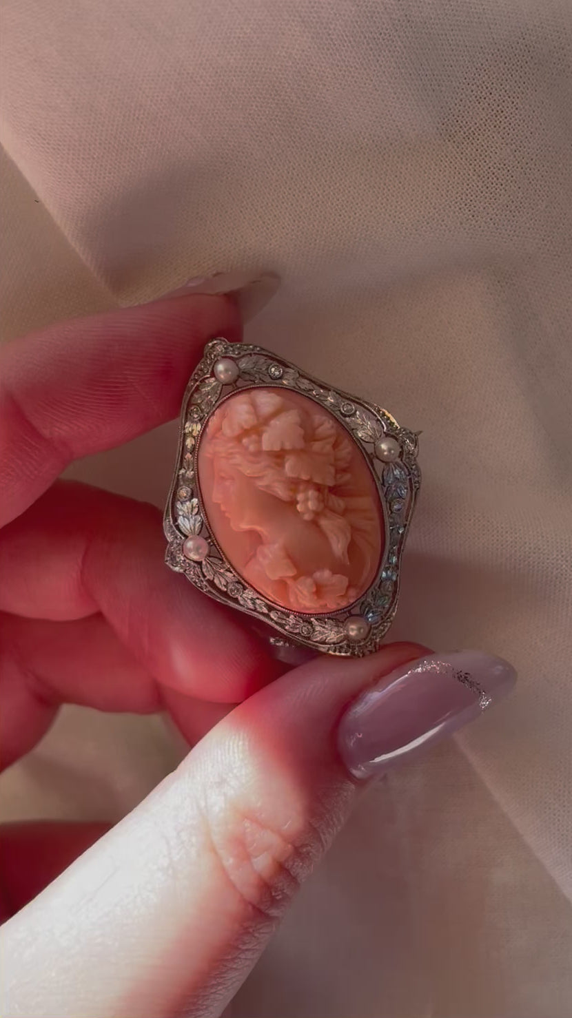 Edwardian Platinum, Diamond, Pearl, and Coral Cameo Brooch