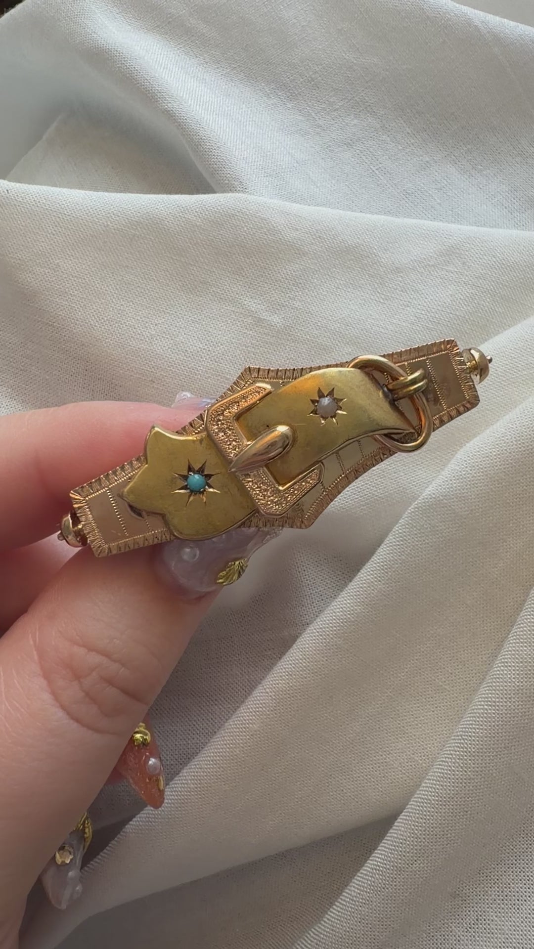 Victorian 14k Bloomed Two-Tone Gold, Turquoise, and Pearl Buckle Brooch