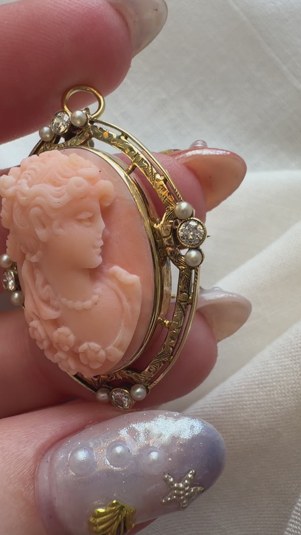 Edwardian 14k Yellow Gold, Coral, Diamond, and Pearl Cameo Pendant Brooch