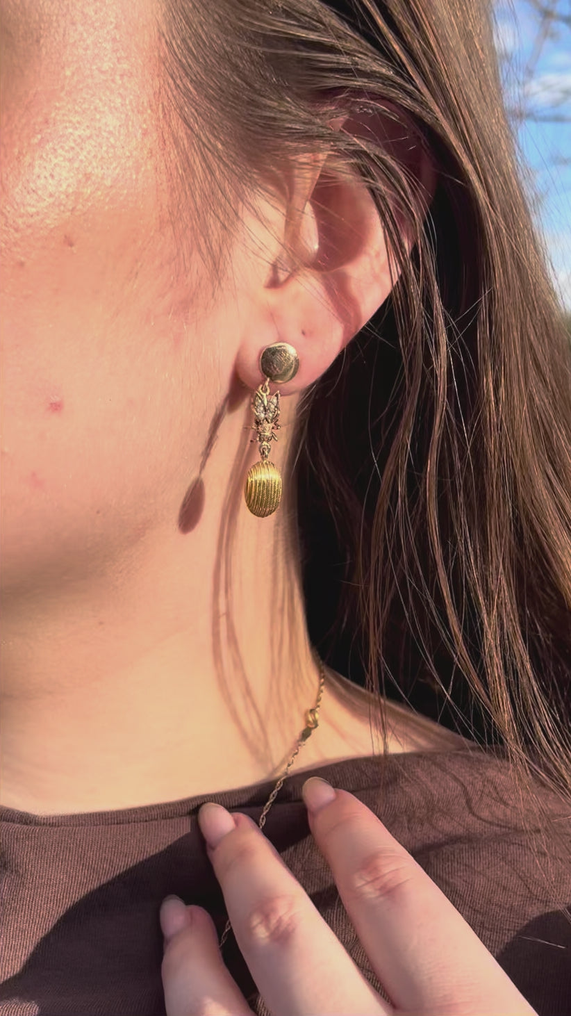 Victorian 14k and 10k Gold and Seed Pearl Fly Dangle Earrings