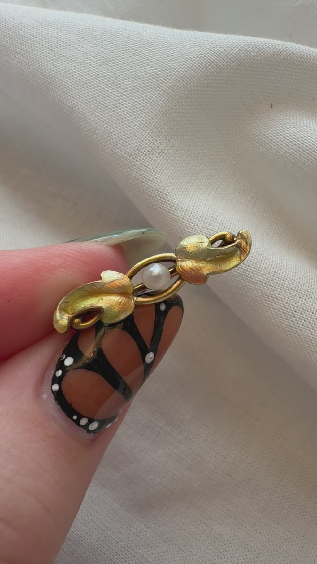 Art Nouveau 14k Yellow Gold, Pearl, and Enamel Pin Brooch
