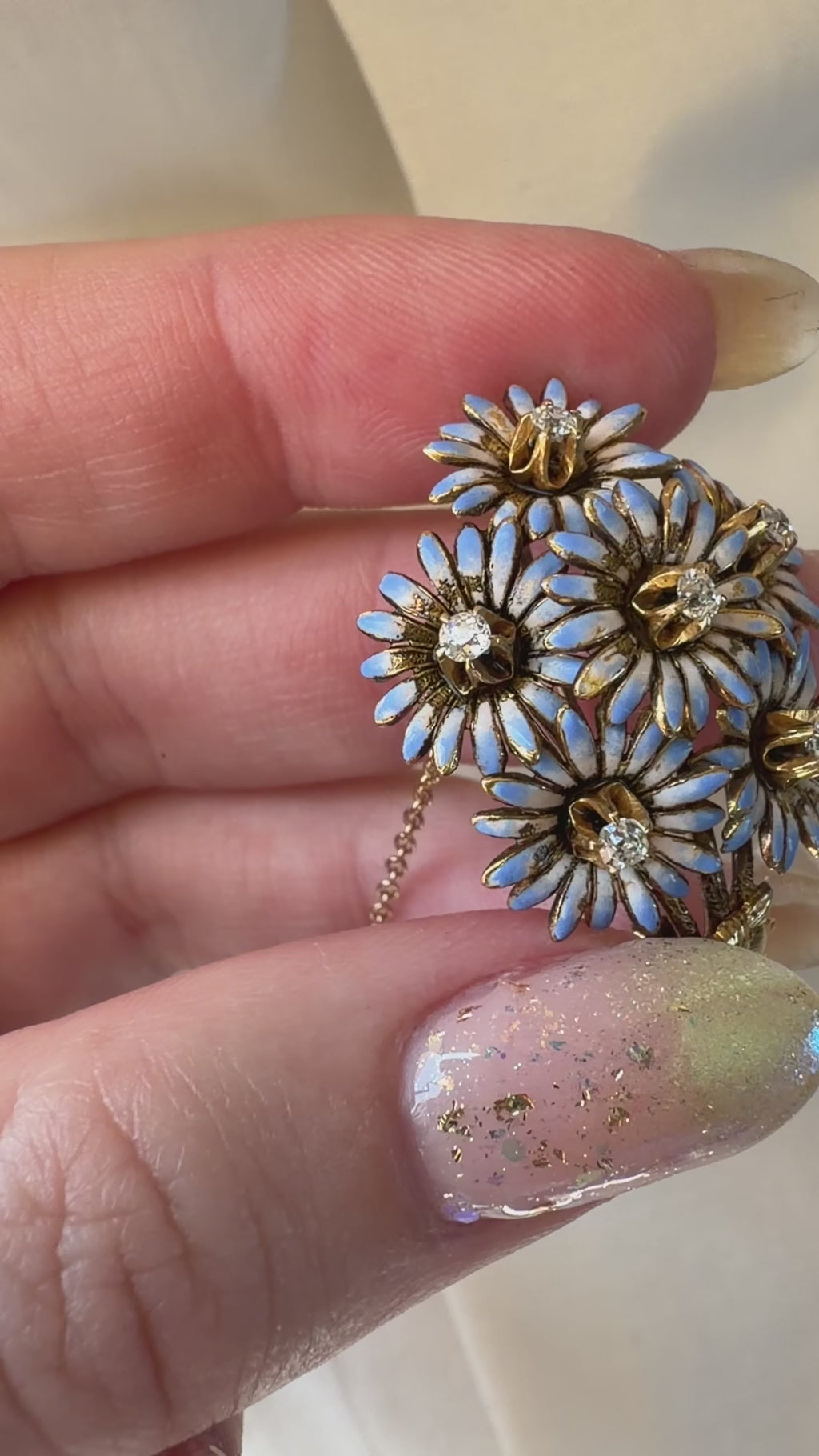 Victorian 14k Yellow Gold, Old Mine Cut Diamond, and Enamel Floral Bouquet Brooch